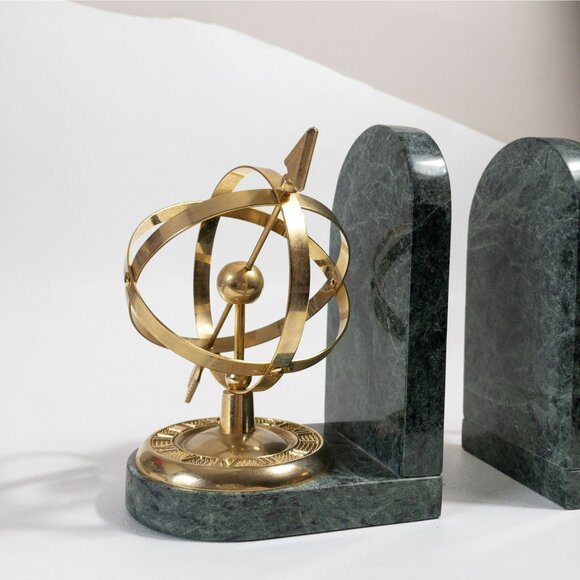 Green Marble Armillary Sphere Bookends With Brass Accents - Picture 3 of 11